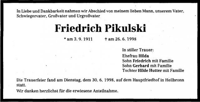 Pikulski Friedrich 1911-1998 Todesanzeige